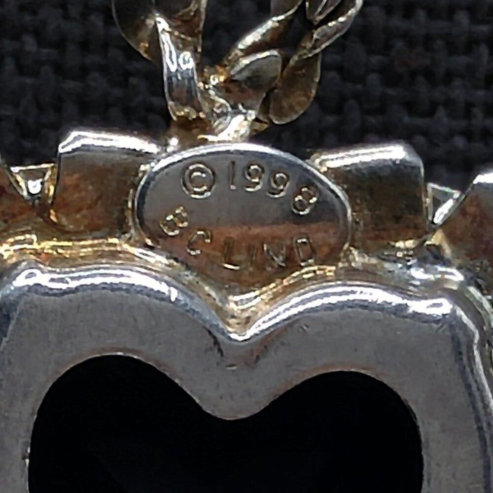 Vintage Blue Heart Pendant Necklace, Signed BC Lind 1998, Clear Rhinestones, 17" - Picture 5 of 11